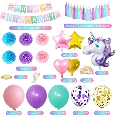 Conjunto colorido de decoração de festa com balões e faixa Happy Birthday