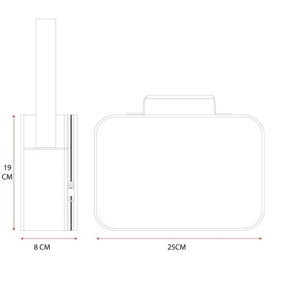 Esquema técnico de uma bolsa/necessaire retangular com fecho e alça, medidas indicadas.