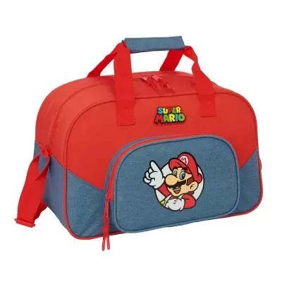 Mala de viagem vermelha e azul com tema Super Mario e bolso frontal