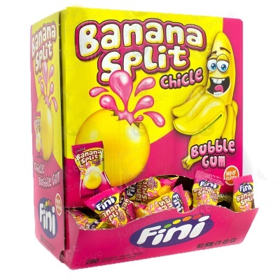 Embalagem colorida de pastilhas Bubble Gum sabor Banana Split da marca Fini
