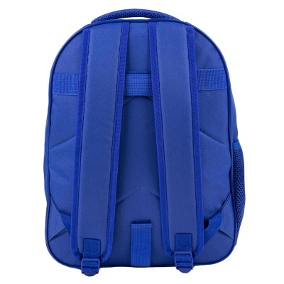 Mochila azul vista de trás com alças acolchoadas e bolso lateral em rede