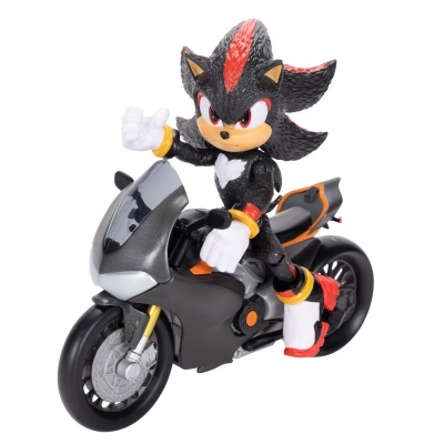Figura de Shadow the Hedgehog numa mota preta e cinzenta com detalhes em laranja