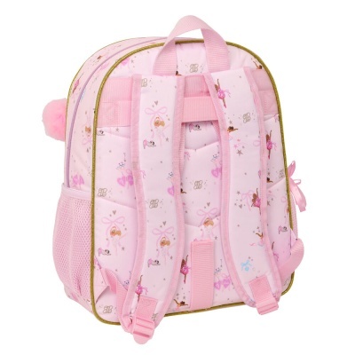 Mochila infantil rosa com padrão de bailarinas e animais