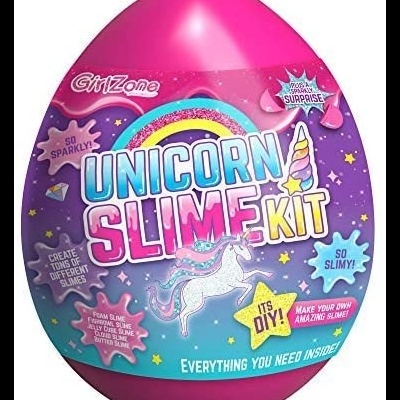 Kit Unicorn Slime em embalagem ovo colorido com ilustração de unicórnio e texto em inglês