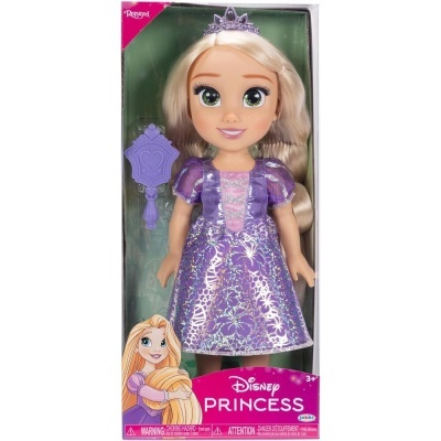 Boneca Rapunzel Disney Princess com vestido roxo e pente roxo em embalagem