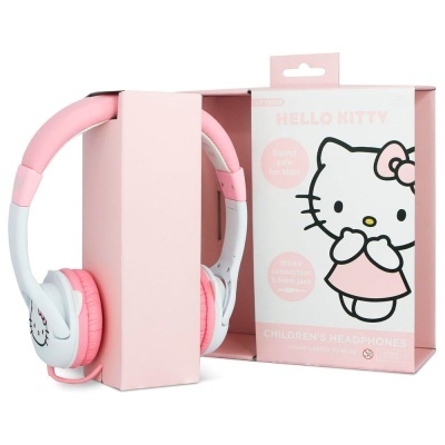 Auscultadores infantis rosa e branco com Hello Kitty e embalagem rosa com ilustração da Hello Kitty