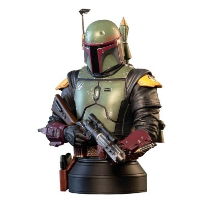 Busto de Boba Fett com armadura verde e vermelha com rifle