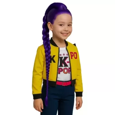 Criança com casaco amarelo e cabelo roxo trançado