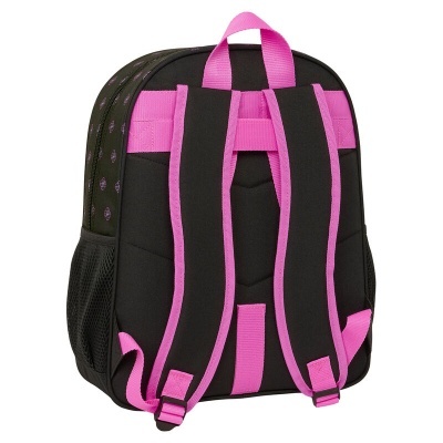 Mochila preta com alças e detalhes rosa vista de trás