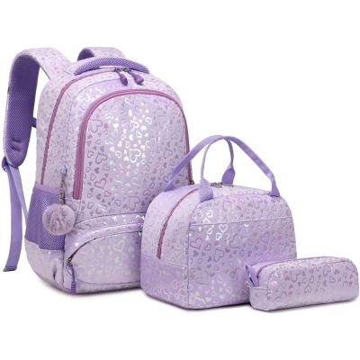 Conjunto lilás de mochila, mala e estojo com padrão de corações prateados