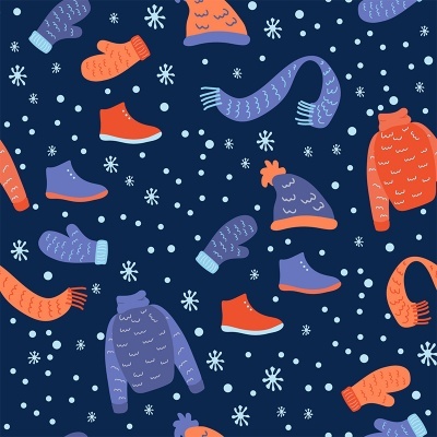 Padrão com roupas de inverno e flocos de neve em fundo azul escuro