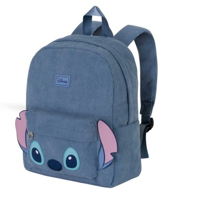 mochila azul com orelhas rosa e rosto desenhado, bolso frontal e etiqueta Disney