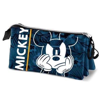 Estojo azul com rosto do Mickey e texto MICKEY