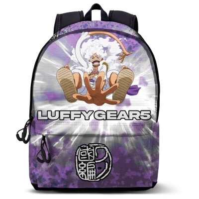 Mochila roxa tie-dye com estampa de personagem e texto LUFFYGEAR5