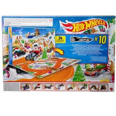 Conjunto Hot Wheels com 10 carros, acessórios e pista com cenário de inverno na embalagem colorida