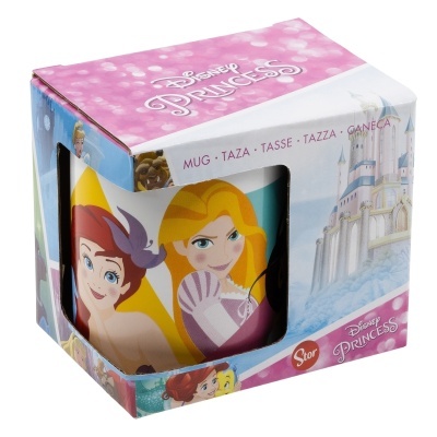 Caneca Disney Princess colorida com princesas e castelo, na embalagem
