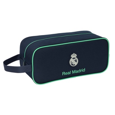 Necessaire azul escuro com detalhes verdes e logotipo do Real Madrid