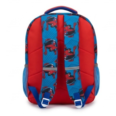 Mochila infantil vermelha e azul com padrão do Homem-Aranha nas alças