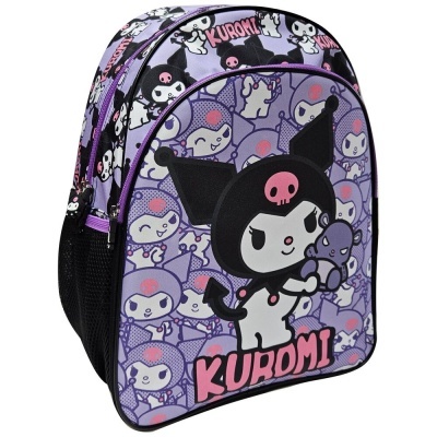 Mochila roxa com personagem Kuromi e texto Kuromi