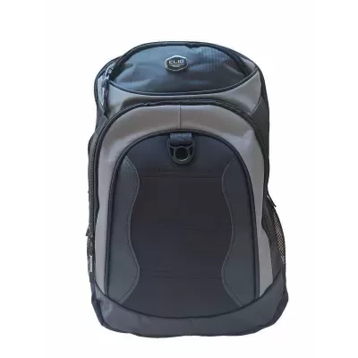 Mochila preta e cinzenta com vários compartimentos e etiqueta CLIO