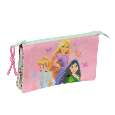 Estojo rosa com estampa de personagens de animação e fecho verde-menta.