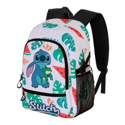 Mochila branca com estampa do Stitch, folhas e melancia, alças pretas acolchoadas