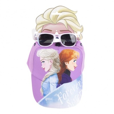 Boné roxo com personagens Elsa e Anna, máscara facial da Elsa e óculos de sol brancos