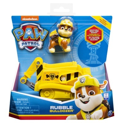 Brinquedo PAW Patrol Rubble Buldôzer amarelo com figura do cão em capacete na embalagem
