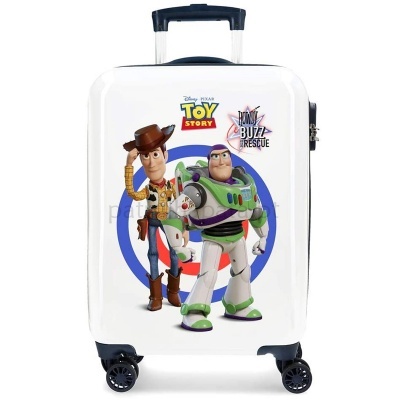 Mala de viagem Toy Story branca com imagem de Woody e Buzz Lightyear
