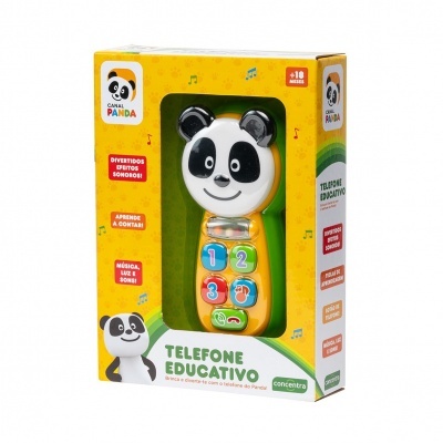 Telefone educativo infantil em forma de panda, com botões coloridos numerados, na embalagem amarela Canal Panda