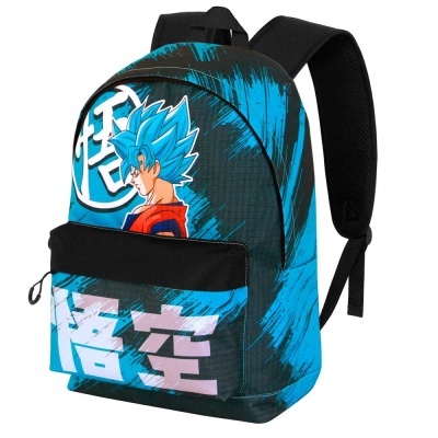Mochila azul e preta com personagem de cabelo azul e caracteres asiáticos
