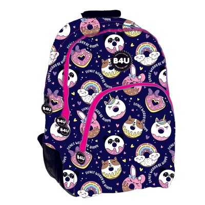 Mochila azul com padrão colorido de donuts e animais cartoon