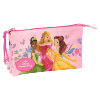 Estojo cor-de-rosa com princesas Disney Tiana, Aurora e Bela, fecho de correr e etiquetas