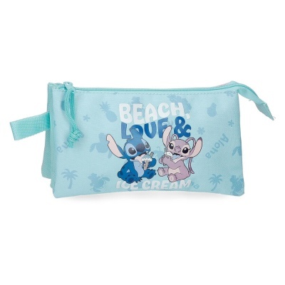 Estojo azul claro com personagens Stitch e Angel a comer gelado e texto BEACH, LOVE & ICE CREAM