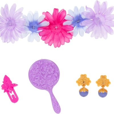 conjunto de acessórios com presilha rosa, espelho roxo e brincos amarelo e azul com flores coloridas ao fundo