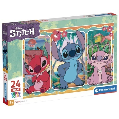 Caixa de puzzle Disney Stitch com 24 peças e imagens coloridas.