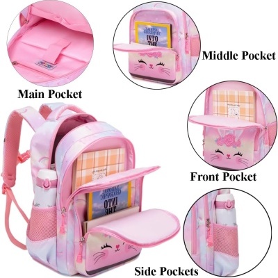 Mochila rosa e branca com bolso frontal com rosto de gato feliz e múltiplos bolsos rotulados.