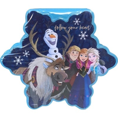 Prato azul em forma de floco de neve com personagens Disney Frozen e texto