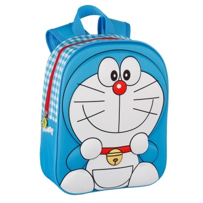 Mochila infantil azul com personagem animado e detalhes xadrez