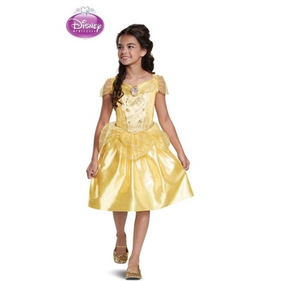 Vestido infantil amarelo dourado com detalhes brilhantes e tule, inspirado na personagem Disney.