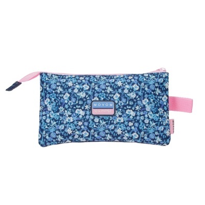 Estojo escolar floral azul com fecho rosa e etiqueta MOVOM