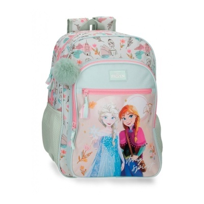 Mochila infantil azul claro e rosa com estampa das personagens Elsa e Anna da Frozen.