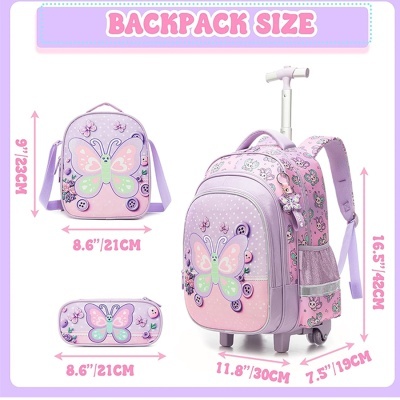 Mochila com rodinhas, mochila pequena e estojo cor de rosa e lilás com estampa de borboletas