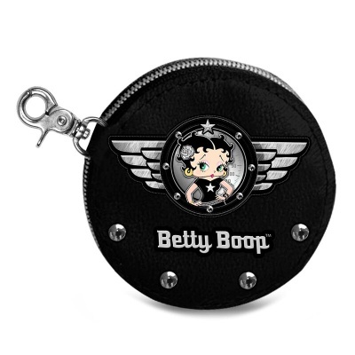 Bolsa redonda preta com imagem da personagem Betty Boop e texto 'Betty Boop'