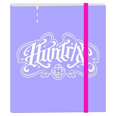 Caderno lilás com elástico cor-de-rosa e texto branco estilizado na capa