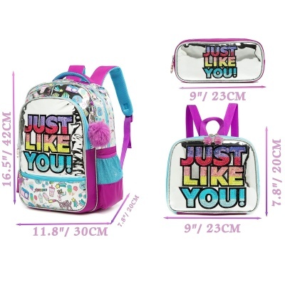 Conjunto mochila, estojo e lancheira com texto JUST LIKE YOU! em várias cores