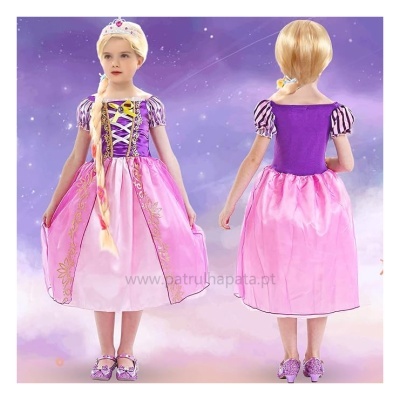 Vestido infantil de princesa rosa e roxo com coroa e peruca loira