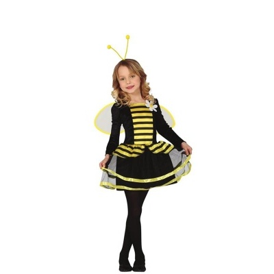 Fantasia de abelha para menina com vestido riscado preto e amarelo, asas e antenas.