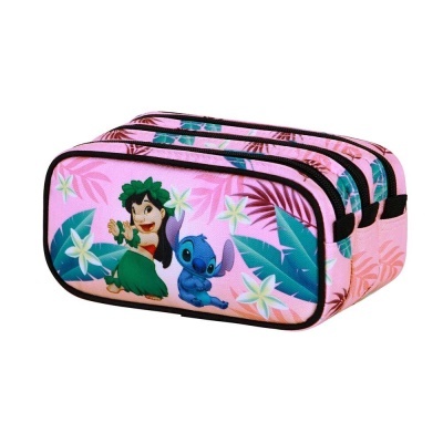 Estojo escolar cor de rosa com personagens de desenho animado e estampa de folhas e flores