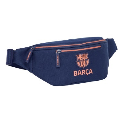 Saco de cintura azul escuro com inscrições e emblema do FC Barcelona cor de laranja